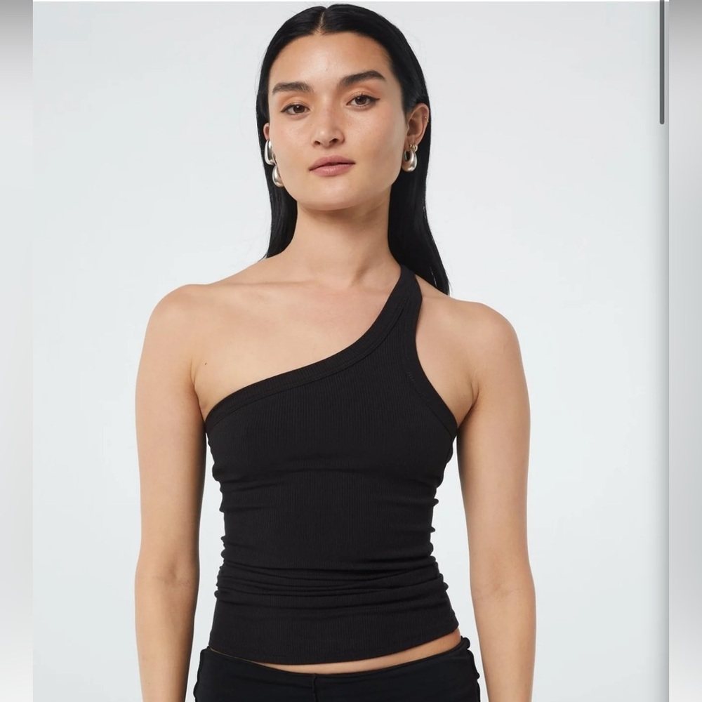 THE LINE BY K Driss Tank Top One Shoulder Ribbed Stretch Asymmetrical Black